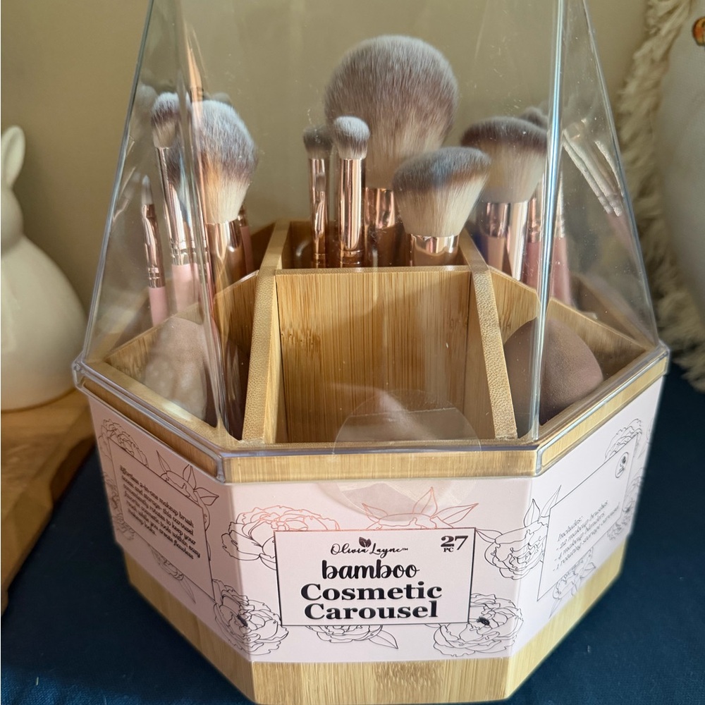 Olivia Lauren Bamboo Cosmetic Carousel with Pink Makeup Brushes